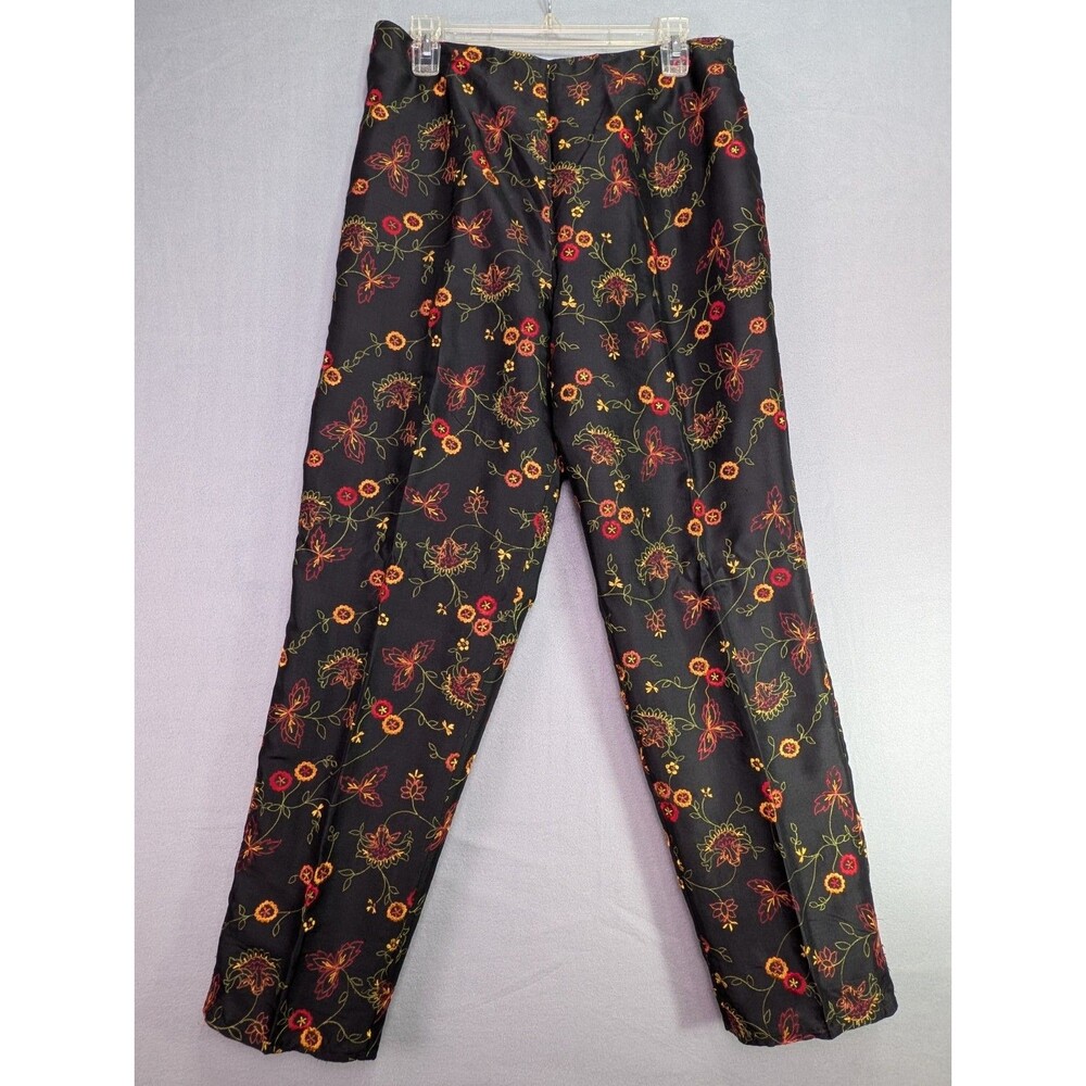 Black Floral Pattern Women's 100% Silk Pants